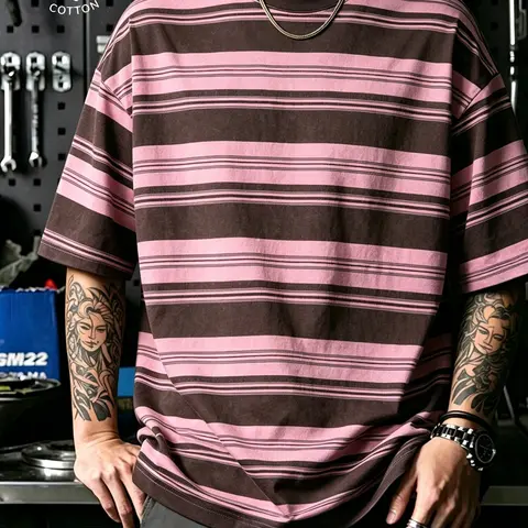 Unisex style, street-style American retro distressed stripe T-shirt. Men's cotton short sleeves, loose drop-shoulder design, oversized relaxed fit, street-style top, versatile summer essential, available in multiple colors.