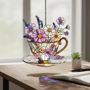 Faux acrylic Teacup Suncatcher, Wildflower Window Hanging Gift