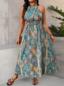 Boho Tropical Print Halter Dress for Spring Summer, Casual Chic Vacation Style, Women's Fashionable Midi Dress, Perfect for Warm Weather, Bohemian