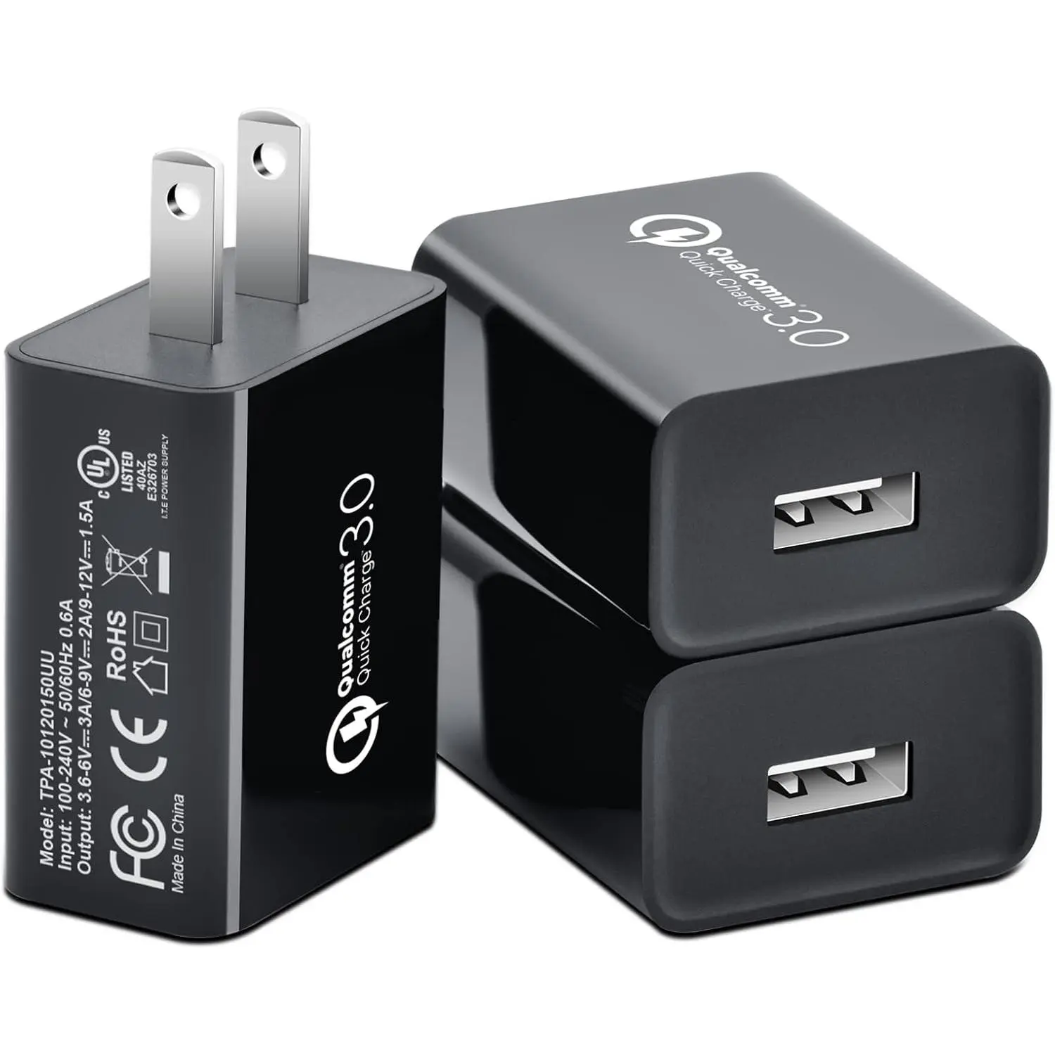 [3-Pack] Quick Charge 3.0,  18W 3A USB Wall Charger QC 2.0/3.0 Adapter Fast Charger Block Compatible for Wireless Charger, iPhone iPad,  S10/S9/S8/Note 9/8,  G5,  10 (Black)