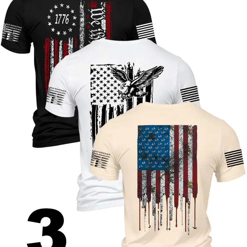 3-Piece American Patriotic Men's Short Sleeve Crew Neck T-Shirts, Comfortable, Durable, Casual Streetwear Graphic Print Tees for Daily Wear, Perfect Gift for Him
