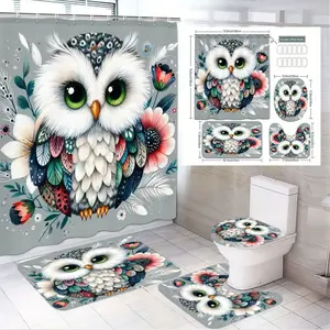 1/4pcs Whimsical Boho Owl Bathroom Set - Soft Grey Shower Curtain with Colorful Folk-Art Floral Design, Matching Toilet Lid Cover, Cozy Bath Mats, Perfect for Autumn Decor and Nature-Inspired Spaces