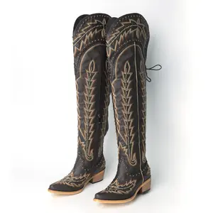 【Tiktokshopmothersday】Cowgirl Boots for Women, Brown Over-the-Knee Western Boots with Lace-Up, Embroidery, Side Zipper, Chunky Heel, and Rivets studded boots. tiktokshopspringglowup