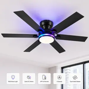 52" RGB Ceiling Fan with LED Lights & Remote APP Black Low Profile Quiet DC Motor 6 Reversible Blades 3CCT Modern Flush Mount for Bedroom Kids Room-8900