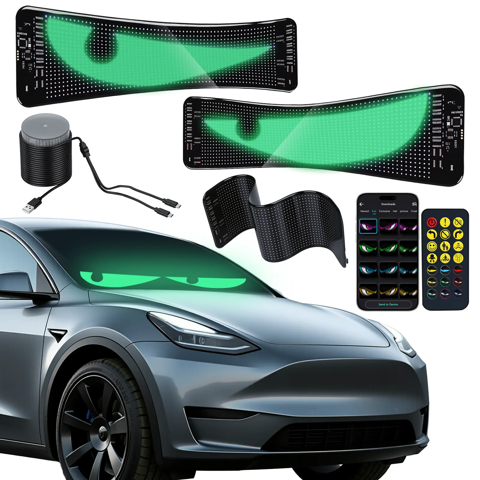 2-Pack Devil Eyes LED Automotive Sticker for Cars, 13.8in x 3.9in Waterproof Animated Glow Windshield Decor, App/Remote Control, Perfect Sync, Custom Dynamic Sign, Auto Parts Accessories, for Sedans, SUVs,Devil Eye Strobe Warning Light