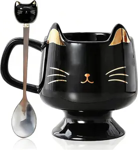 High-Footed Ceramic  Mug  13.5oz  Coffee Cup with kitty Expression Design, Fun  for Women, Girls, ,  Lovers (black)