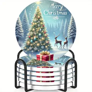 6-piece ceramic coaster set, Christmas snow theme, heat-resistant and non-slip coasters with holders, perfect for home and dining table decorations, elegant drink mats, and the perfect holiday gift.