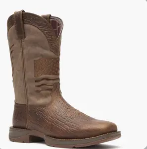 Men's REBEL BY DURANGO® Brown Distressed Leather Western Boot - Rubber Sole, Foam Cushioning, All-Day Comfort, Flag Embroidery