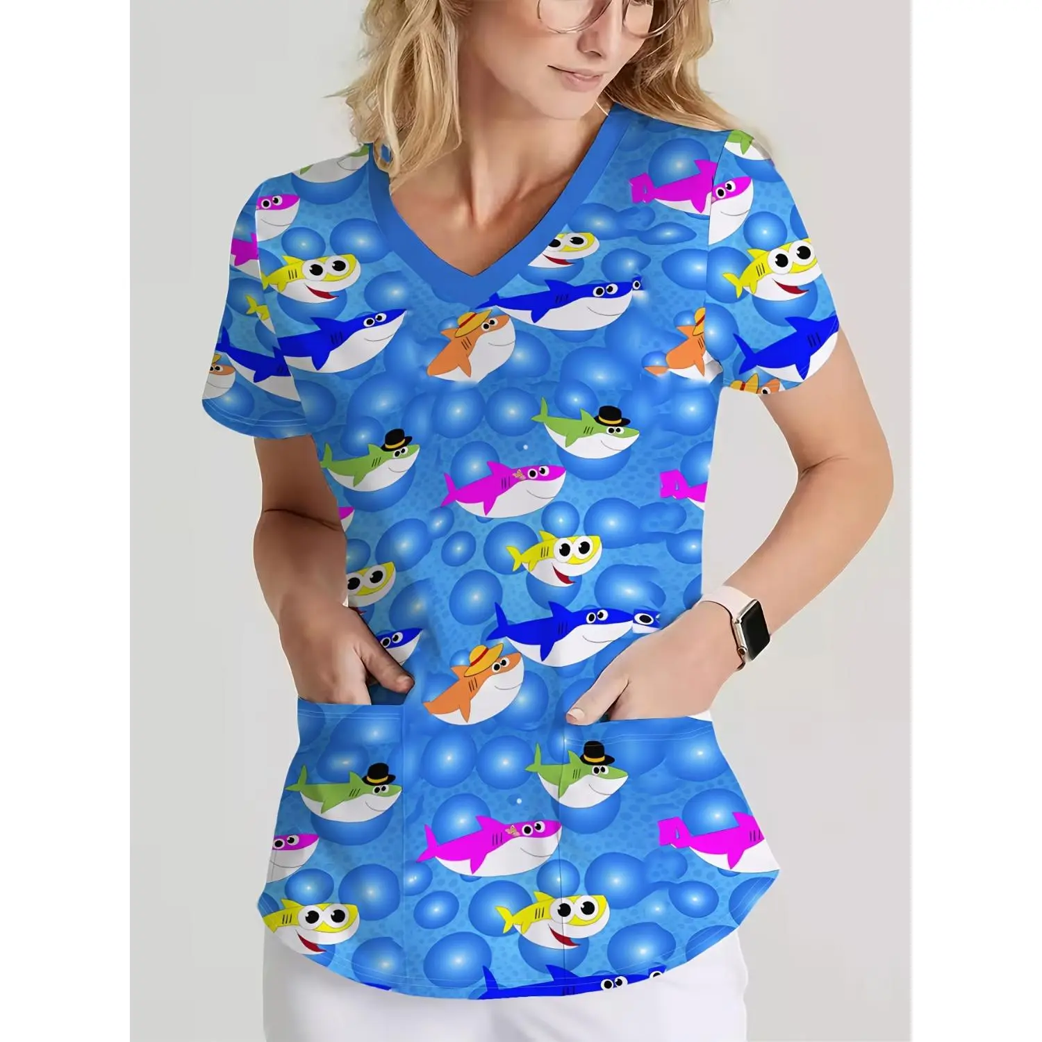 Women's V-Neck Short Sleeve Top with Colorful Shark Bubble Ocean Print – Stylish, Playful, and Comfortable Caregiver Uniform with Soft Stretch Fabric and Convenient Dual Pockets.