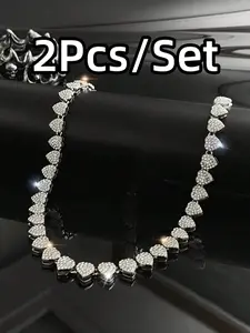 2Pcs/Set Love Heart Shaped Cuban Chain Necklace Set & Hip Hop Style Choker Set,Luxurious Jewelry Set for Enhance Temperament, Birthday,Daily & Party Wear