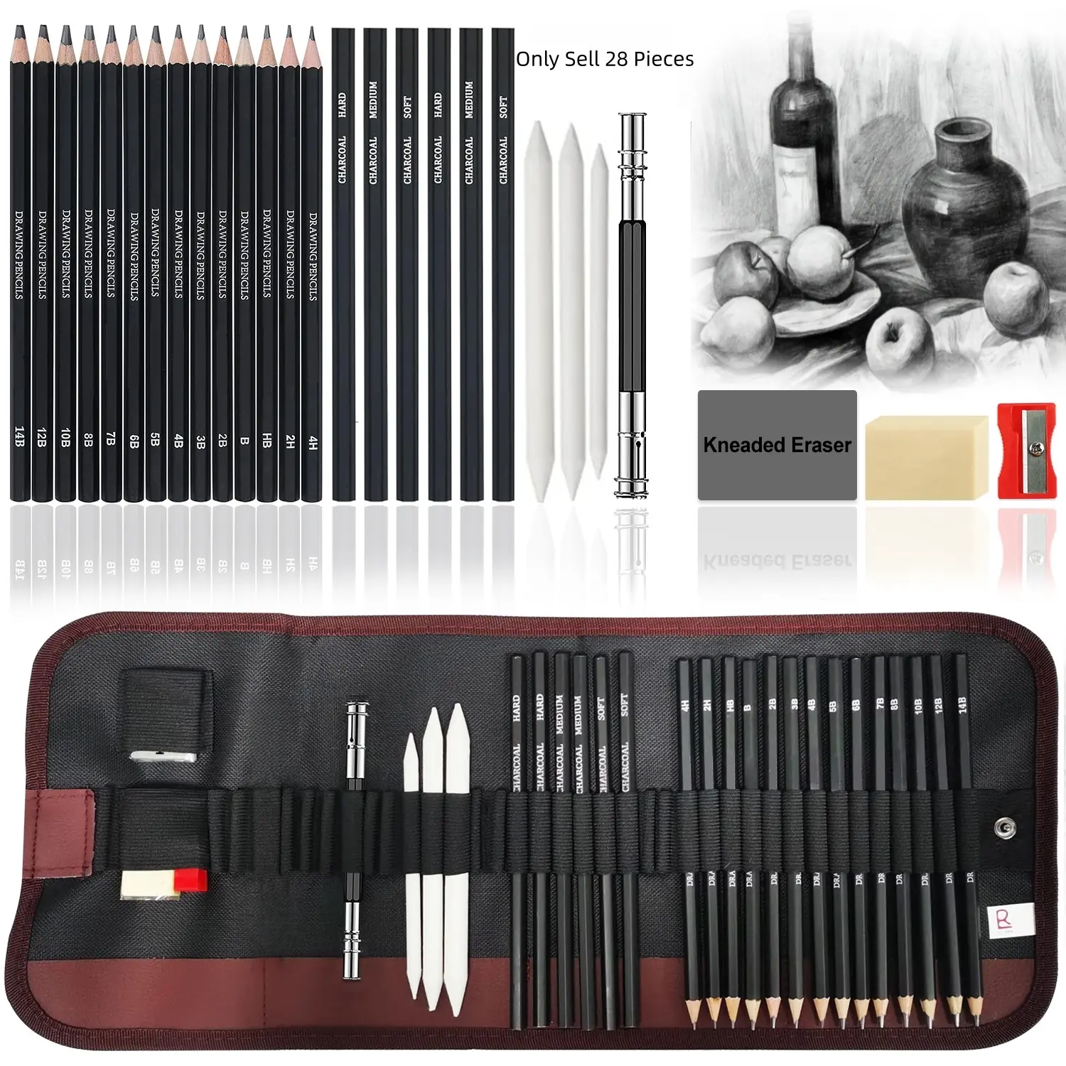 28 Pieces Pro Drawing Kit Sketching Pencils Set,Portable Pen Curtain-Charcoal Pencils, Sketch Pencils, Charcoal Stick,Sharpener,Eraser.Art Supplies, Art Painting Supplies for Artists Beginner Adults Teens Art Materials, Art Kits