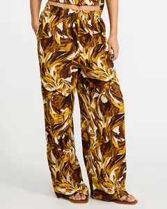 Express Summer-Blend Linen Printed High Waisted Pull On Wide Leg Pant