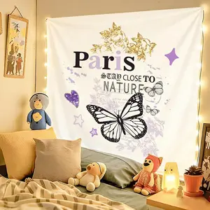Paris Themed Butterfly Artwork Tapestry | Hand-Drawn Style, Ideal for Bedroom, Office, and Living Room Decor, Polyester, 2D, No Electricity Needed