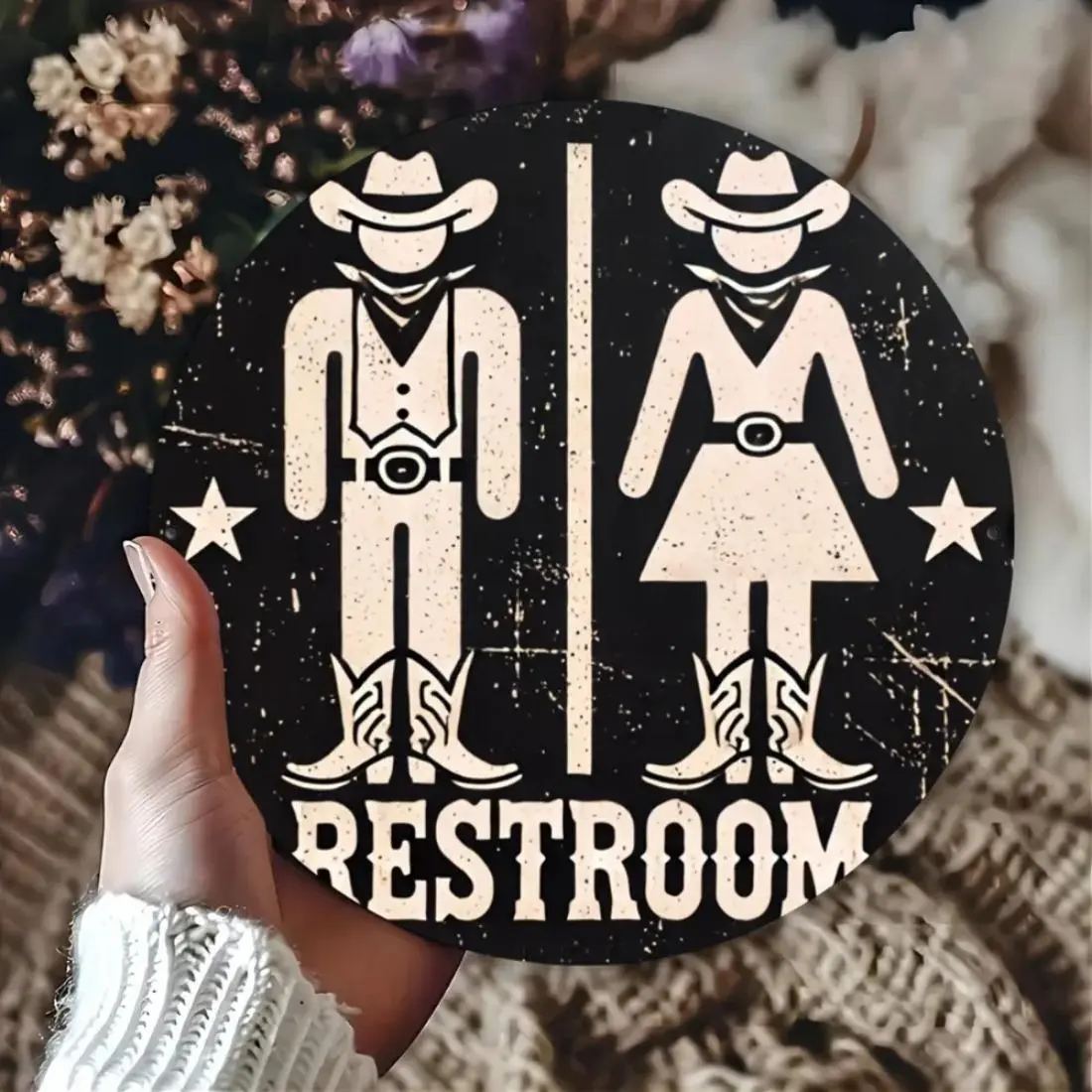 Cowboy & Cowgirl Pattern Round Wall Plaque, Vintage Style Wall Hanging Decor, Funky Western Decor, Wall Decor for Home and Office Party Holiday Gift, Bathroom Sign, Signage, Restroom Signs For Business