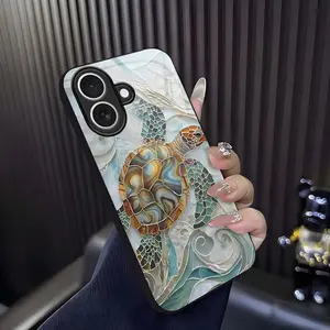 Mosaic Sea Turtle Adorable Glass Phone Case for [iPhone 17]  Aesthetic Ocean Wave Shell Texture Hard Cover Girly & Chic Style 952