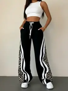 Women's Leopard Print Drawstring Pants, Casual Loose Fit Long Pants with Pockets, Street Style for Daily Wear and Back-To-School