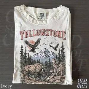 Yellowstone National Park Vintage 90s Stlye T-Shirt, Wildlife Graphic Tee with Bison Wolves Eagles, 90s Hiking Nature Shirt, Comfort Colors®