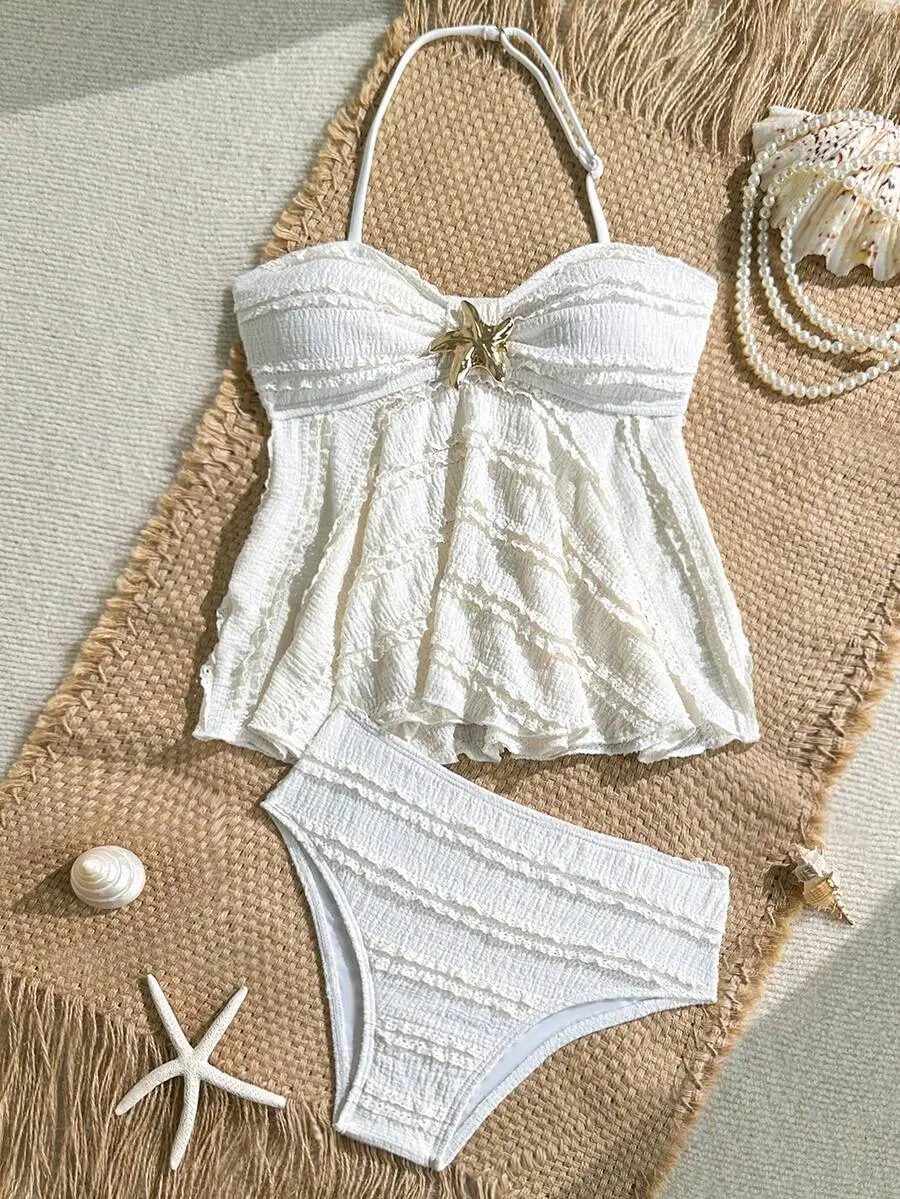 SOLARA Tween Girl Textured Knit Apricot Halter Tankini Swimwear Set