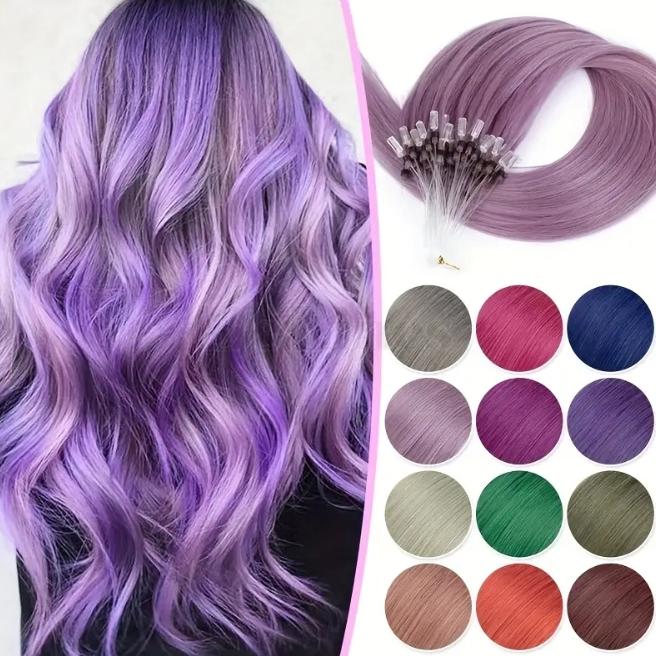 50pcs 30g Micro Loop Human Hair Extensions, Natural Straight, No Glue Easy Install, Vibrant Red Pink Green Blue Purple Gray, 12-28 Inches for Women Daily & Festive Hairstyles