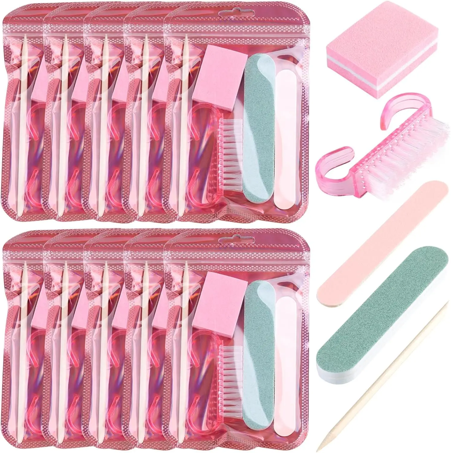 8/24 Packs Disposable Manicure Prep Kit for Travel Home, Portable Basics 5 in 1 Nail Salon Pedicure Kit, Professional Nail Tool Supplies, Nail File, Mini Buffer, Wood Stick & Handle Grip Brush