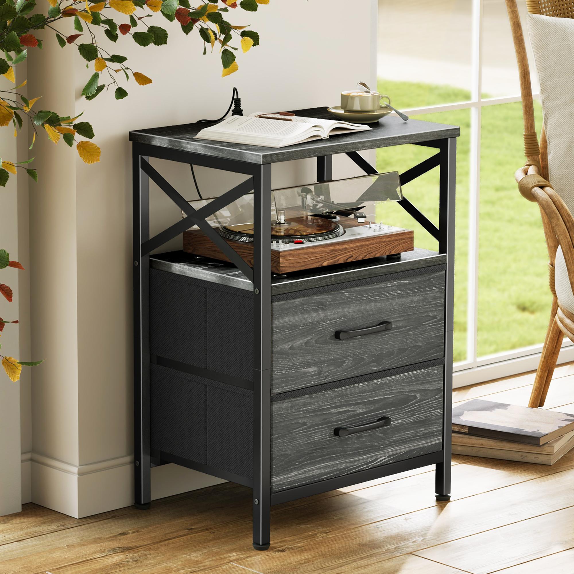 Huuger Night Stand with Charger Station, 2 Drawer Nightstand with Open Shelf, Bed Side Table with USB-C Port, End Table, Compact Size for Small Spaces, X Shaped Side Rail