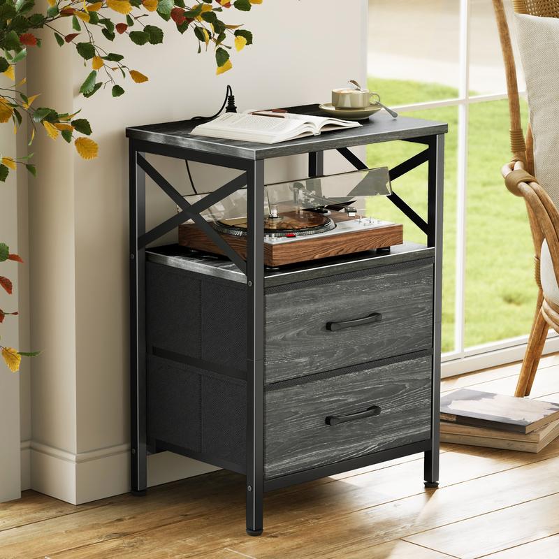 Huuger Night Stand with Charger Station, 2 Drawer Nightstand with Open Shelf, Bed Side Table with USB-C Port, End Table, Compact Size for Small Spaces, X Shaped Side Rail