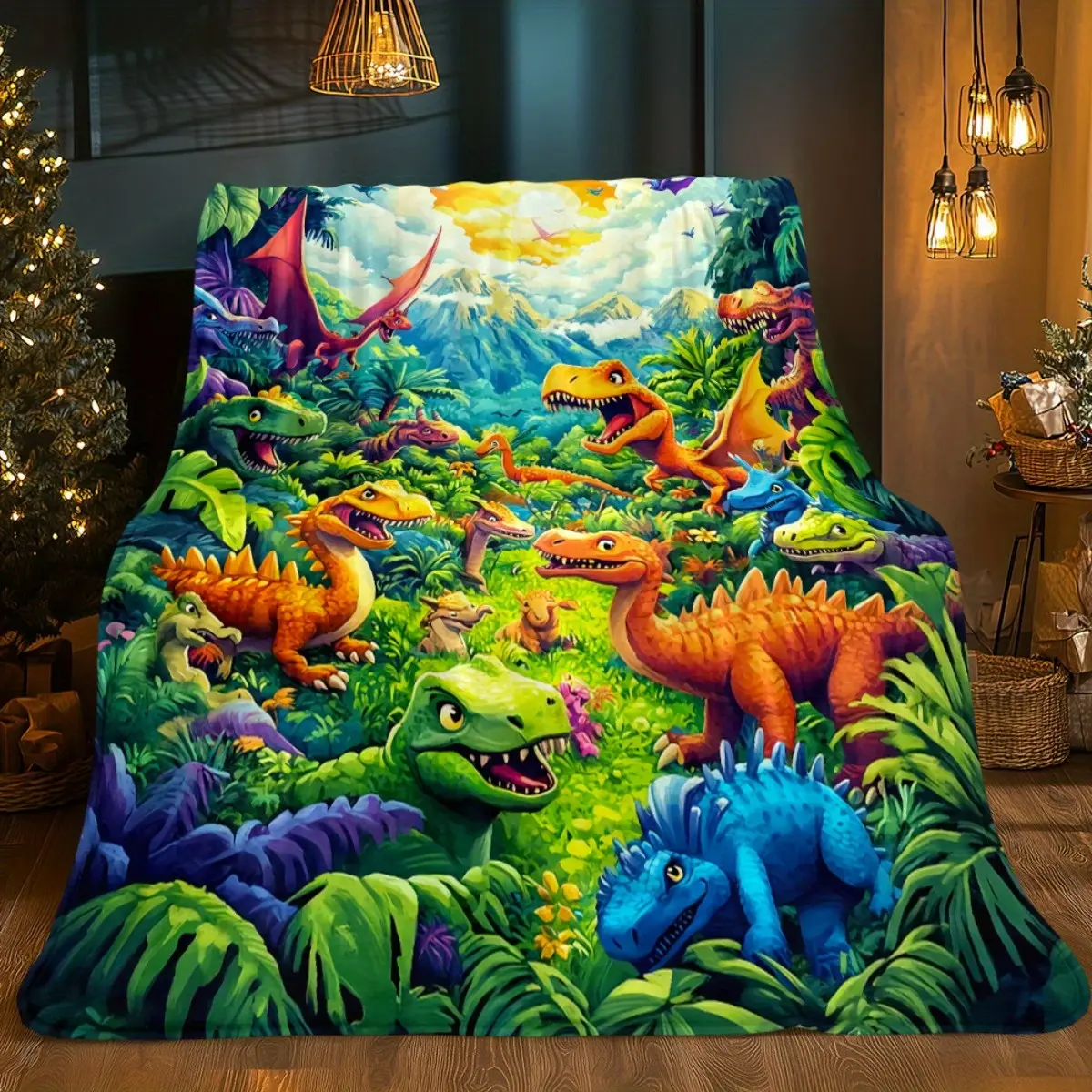 Jungle with Dinosaurs HD Printed Blanket, Soft and Warm Flannel Blanket for Travel, Camping, Sofa, Living room, Couch, Chair, Bed, Gift for Family or Friends 280GSM 3 Sizes Available (30x40in/50x60in/60x80in)