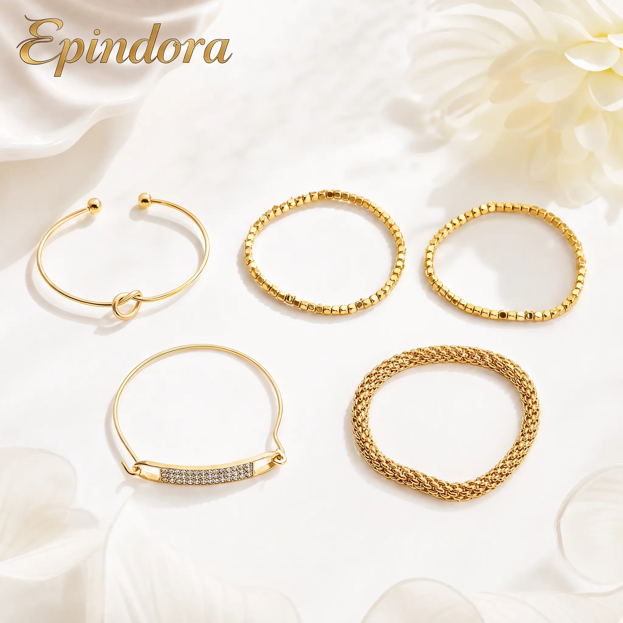 Epindora Gold-Tone 5-Piece CZ Bar Knot Bangle Stack Bracelet Set, Adjustable Size, for Everyday Wear & Layered Look