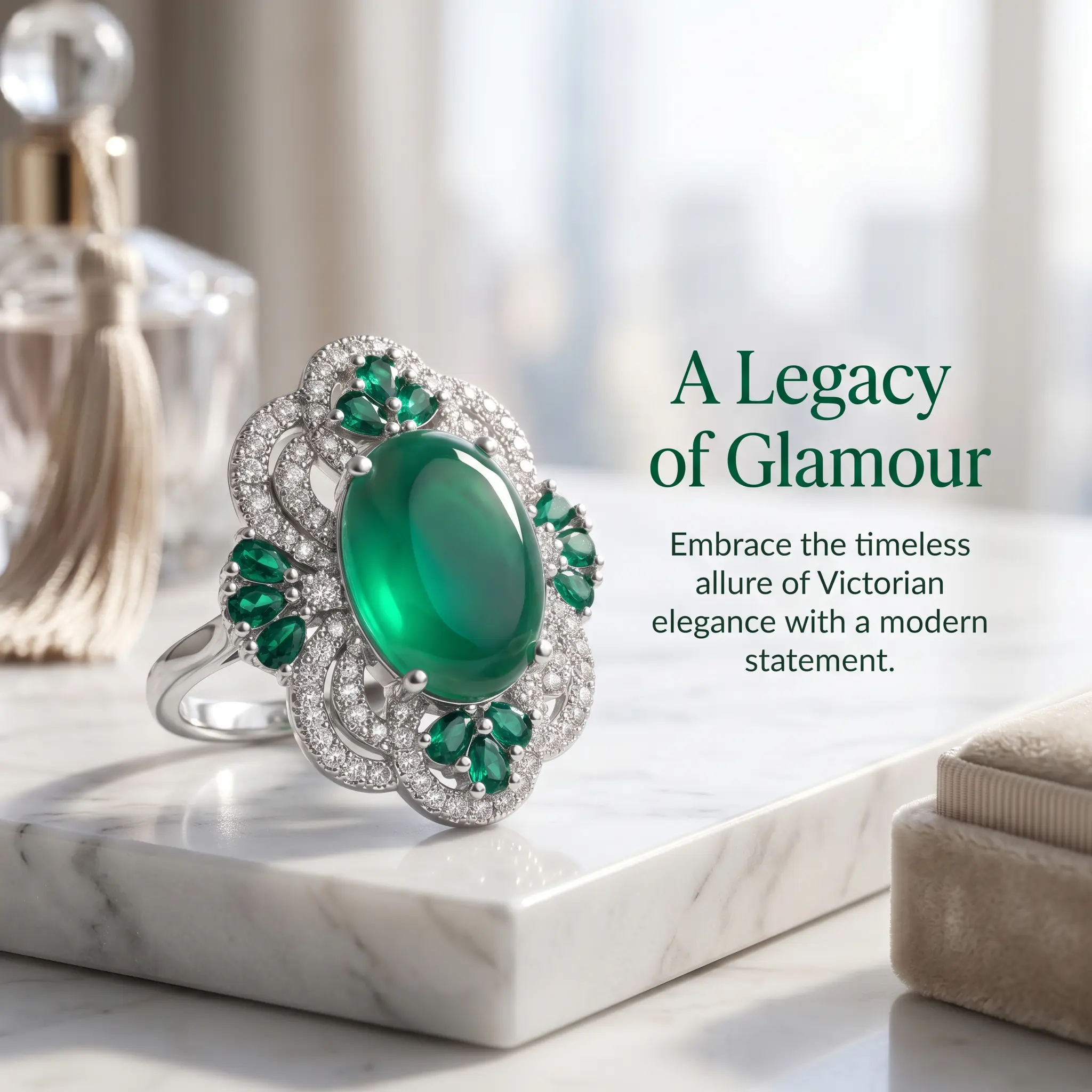 Women's Victorian Cocktail Ring in Hypoallergenic 925 Sterling Silver with a Large Oval Green Onyx, Emerald Accents, Pavé Halo, Openwork Silver Filigree & a Hand-Polished Smooth Band, Full Pavé High-Shine Cubic Zirconia, Gala Dinners, Lab Emerald Stones,,
