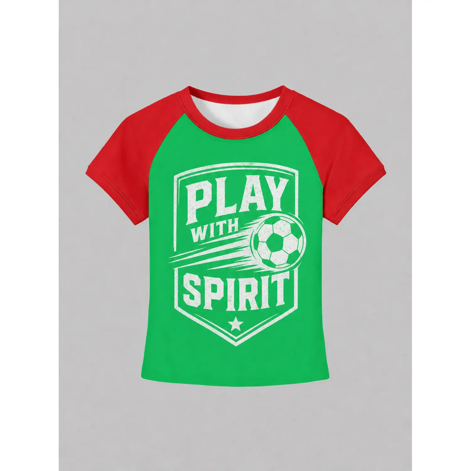 Women's Green Soccer Graphic Jersey with Red Raglan Sleeves - "Play with Spirit" Design