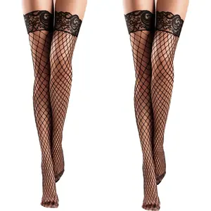 2Pairs Fishnet Thigh High Stocking for omen Silicone Lace Top Sheer Over Knee Silky Stockings