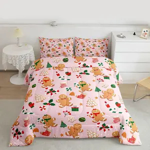Merry Xmas Comforter Set Christmas Tree Bedding Set for Kids Boys Girls Gingerbread Man Duvet Quilt Pink Bedroom Decor