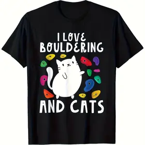 1pc Men's Bouldering & Cat Lover T-Shirt - Casual Crew Neck, Short Sleeve, Lightweight Knit Fabric, Loose Fit Rock Climbing Gym Apparel for Enthusiasts