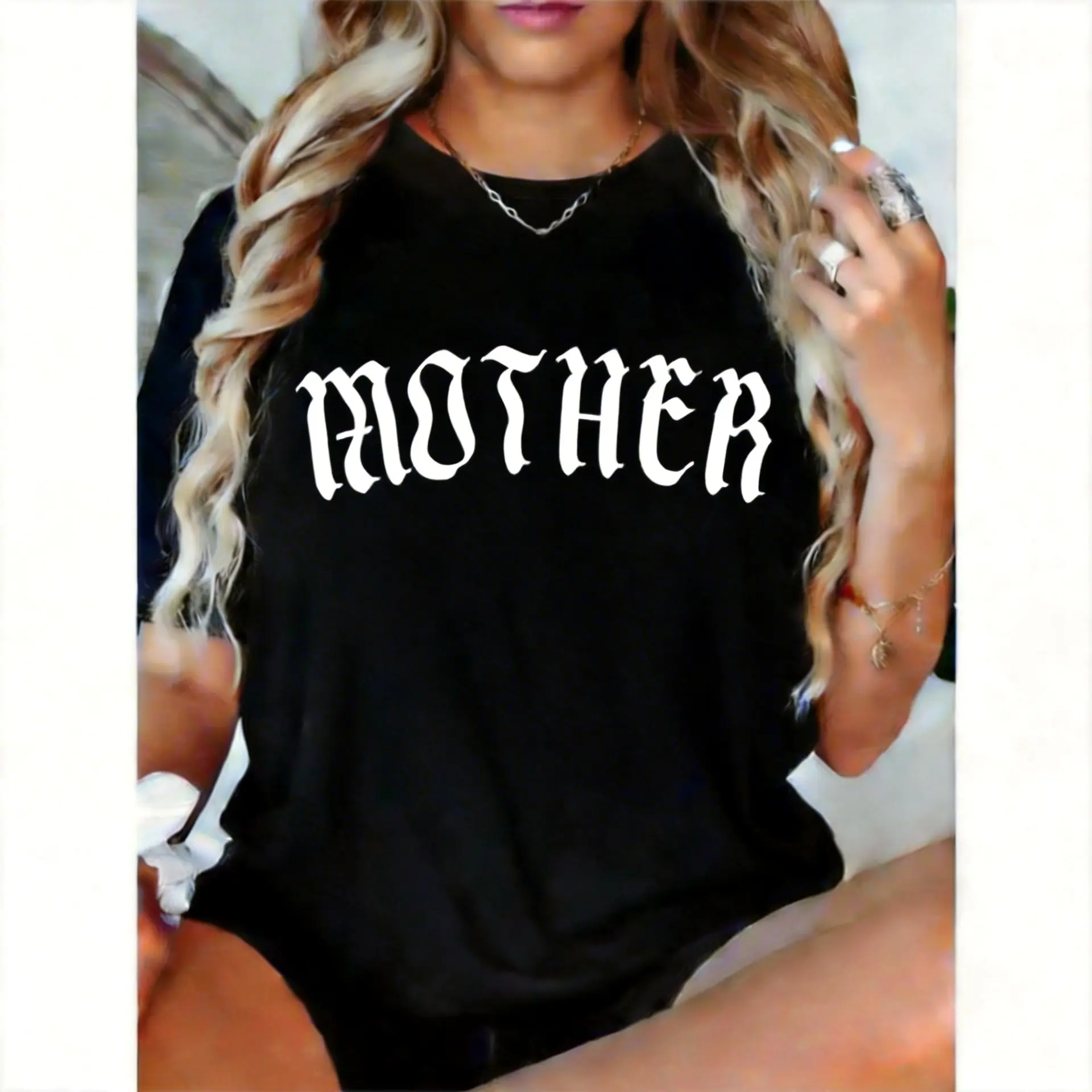 Women's Gothic Cotton Short-Sleeve Round Neck T-Shirt - Old English Mother Graphic, Badass Alt Mom Streetwear, Mother's Day Gift