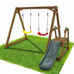 2 in 1 Wood Swing playSet for Backyard | Outdoor Swing Set with Slide, Climbing Rope Ladder for Kids 3-10 years | 98.8L'' x 94.5W'' x 65.9''H