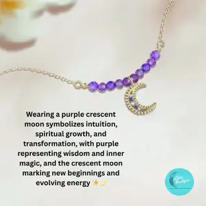 Purple Crescent Moon Necklace, Zirconia Beads, S925 Sterling Silver, Gold Plated Celestial Jewelry
