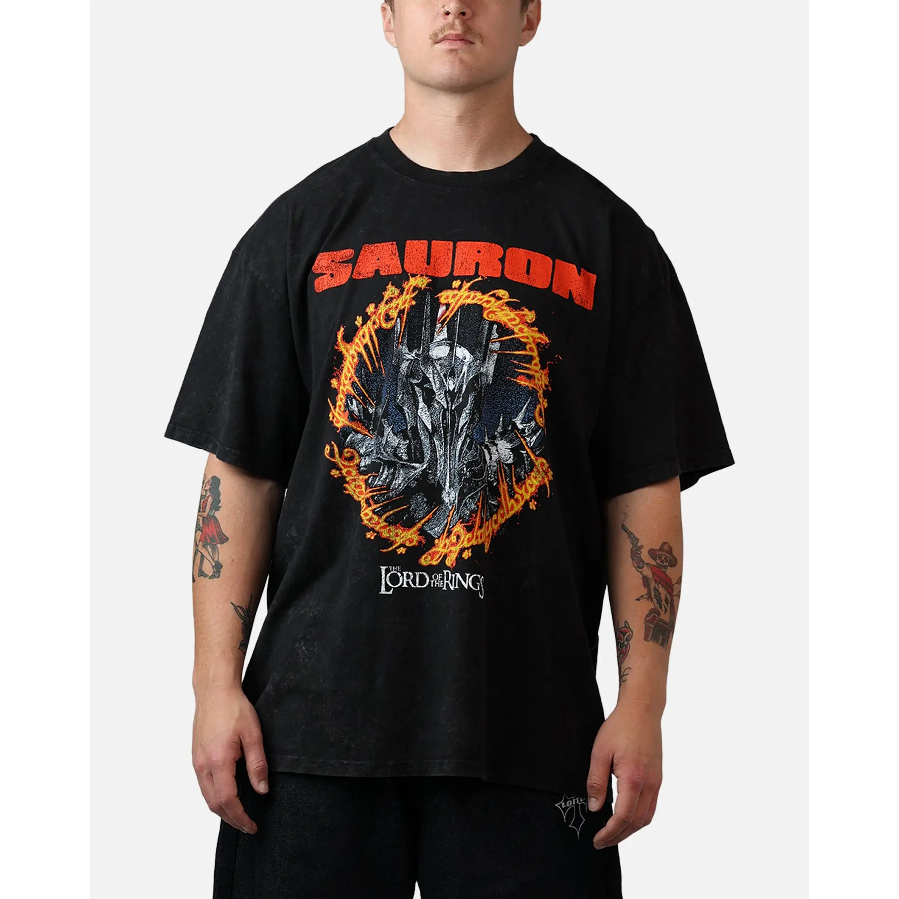 73Studio X Lord Of The Rings Sauron Ring Of Fire T-Shirt Black Acidwash