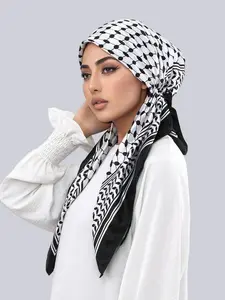 Classic Checkered Satin Silk Hijab Scarf, Elegant Ready-To-Wear Casual Hijab for Women, Breathable Beach Hijab, Sleep Cap, Muslim Fashion