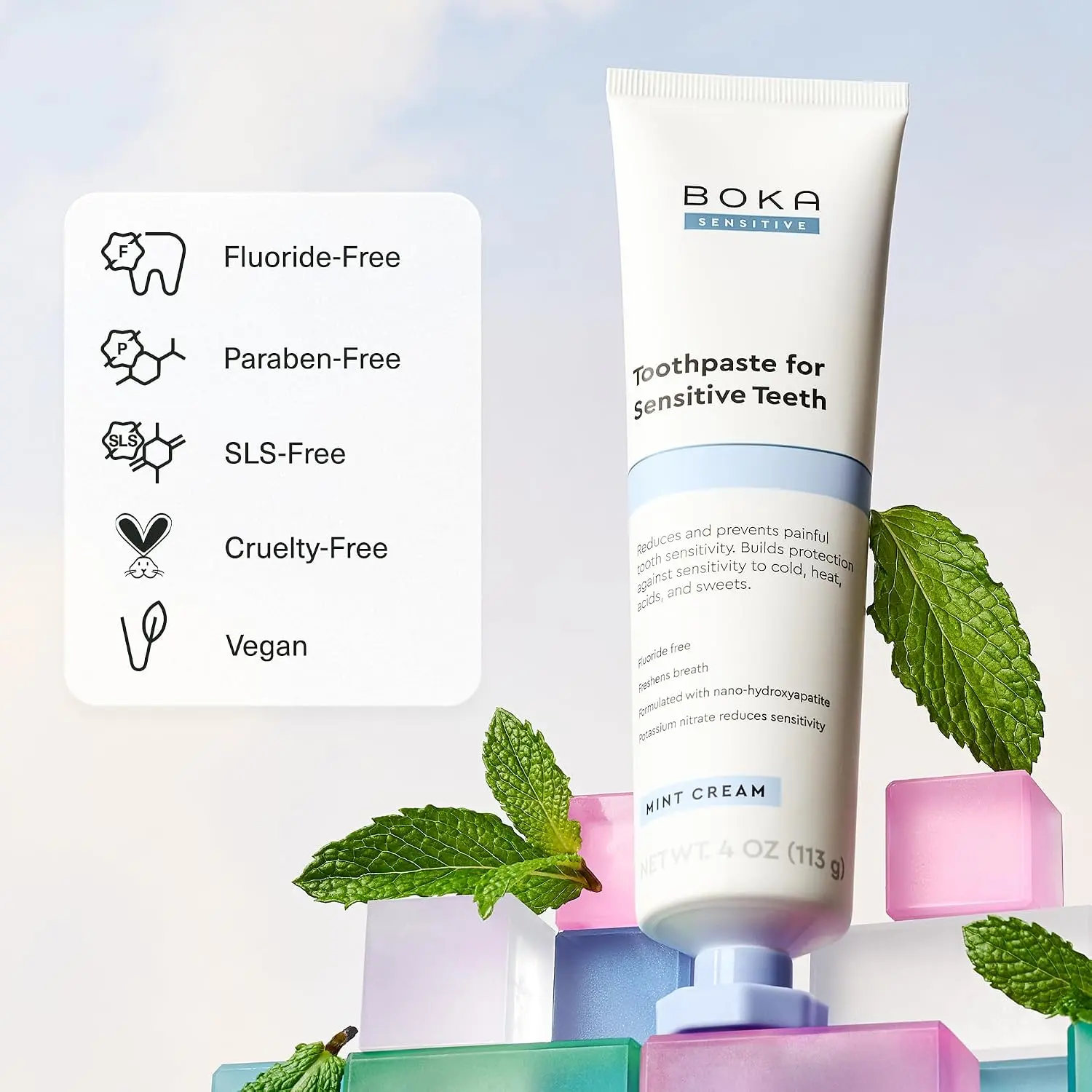 Boka Sensitive Oral Toothpaste - Fluoride-Free Nano Hydroxyapatite, Potassium Nitrate Relief & Protection, Mint Coconut Cream, 4 Oz, 1PK for Adults