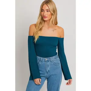 Off Shoulder Bell Sleeve Bodysuit Teal