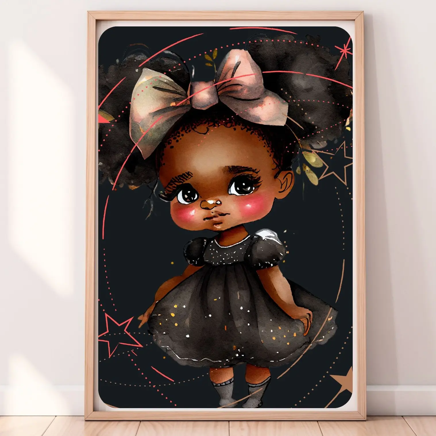 Whimsical Dark-Skinned Girls Wall Art for Children's Bedrooms