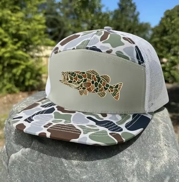 Bass Fishing Hat Embroidered Camo Trucker Cap Largemouth Bass Snapback Outdoorsman Gift Fisherman Apparel Vintage Camouflage Flat Bill Hat