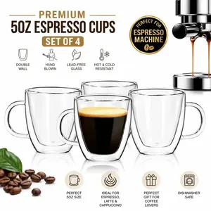 5oz Espresso Cups Set of 4, Small Double Wall Hand Blown Coffee Shots Glass, Expresso Mugs,Tazas de Cafe Expreso, Perfect For Espresso Latte Cappuccinos Tea Bag Juice Drinkware, Coffee Cups Gift