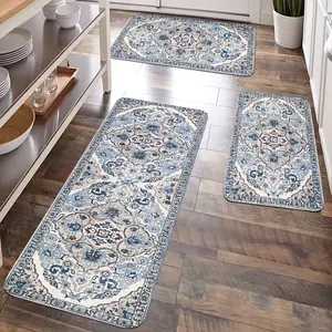 2/3pcs Retro Floral Pattern Kitchen Mat Set, Blue Floral, Bohemian Style. Machine Washable, Wear-Resistant, Low Pile Polyester Floor Mat, Soft Flannel, Rectangular, Suitable for Kitchen, Living Room, Laundry Room, Bathroom
