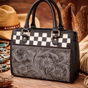 Checkered Floral Embossed Leather Handbag with Black and White Checkerboard Pattern and Floral Design