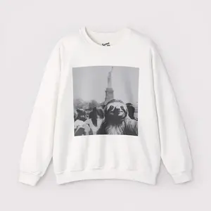 Statue of Liberty Sloth Sweatshirt Hoodie T-Shirt | Funny Crowd Scene Animal Graphic Shirt | Gildan 5000 Tee, 18000 Crewneck, 18500 Hoodie | Quirky Gift for Meme Fans, NYC Lovers & Surreal Streetwear
