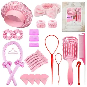 28 Piece No Heat Curling Gift Set, Includes Satin Bonnet, Butterfly Hair Tie, Curlers, Clips, Comb, Perfect for Daily Use, Travel, Gifts, Heatless Curling Set