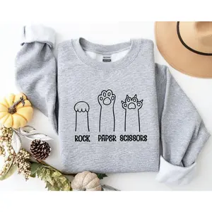 Rock Paper Scissors Sweatshirt, Funny Cat Paw Hoodie, Unisex Shirt for Cat Lover, Cat Owner, Pet Lover, Cat Paws, Gift for Cat Mom Cotton Crewneck Fabric Womenswear Bottom Drawstring