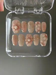 3D Flower Gold Chrome Press On Nails: Handmade Faux Acrylic Gel Nails