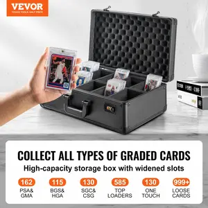 VEVOR Graded Card Storage Box, 5 Slots, Graded Sports Cards Holder Carrying Case with Coded Lock Foam Dividers, for 162 PSA Graded Cards 115 BGS Cards 130 SGC Cards 585 Top Loaders or 999+ Loose Cards